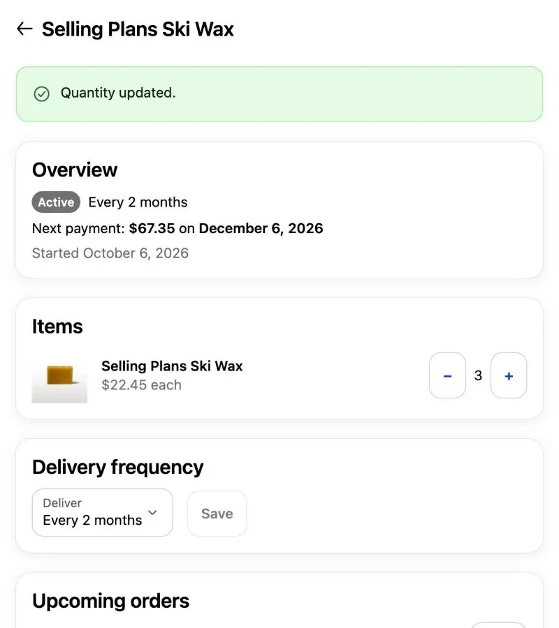 A subscription in the customer account: active every 2 months, next payment $67.35 on December 6, quantity buttons and a delivery frequency choice