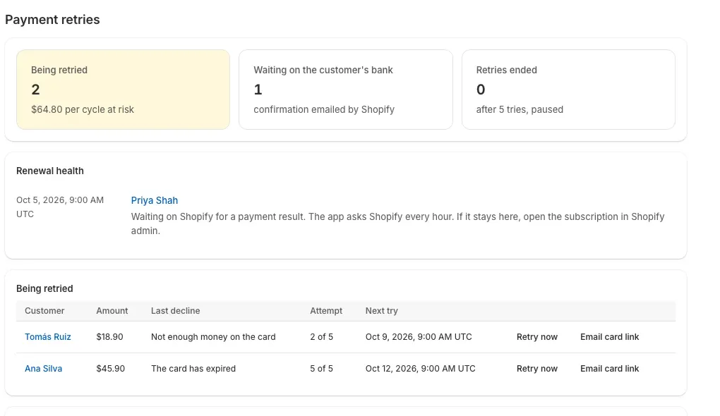 The Payment retries page: two subscriptions being retried with the decline reason, attempt and next try, and buttons to retry now or email a card link