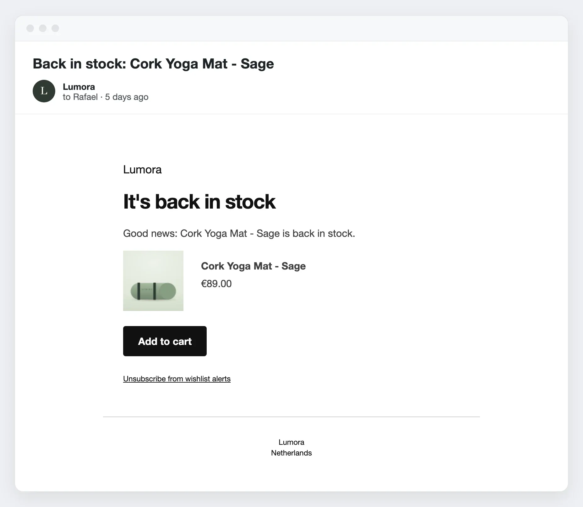 Back-in-stock email for the Cork Yoga Mat in sage, with the price, an Add to cart button and an unsubscribe link