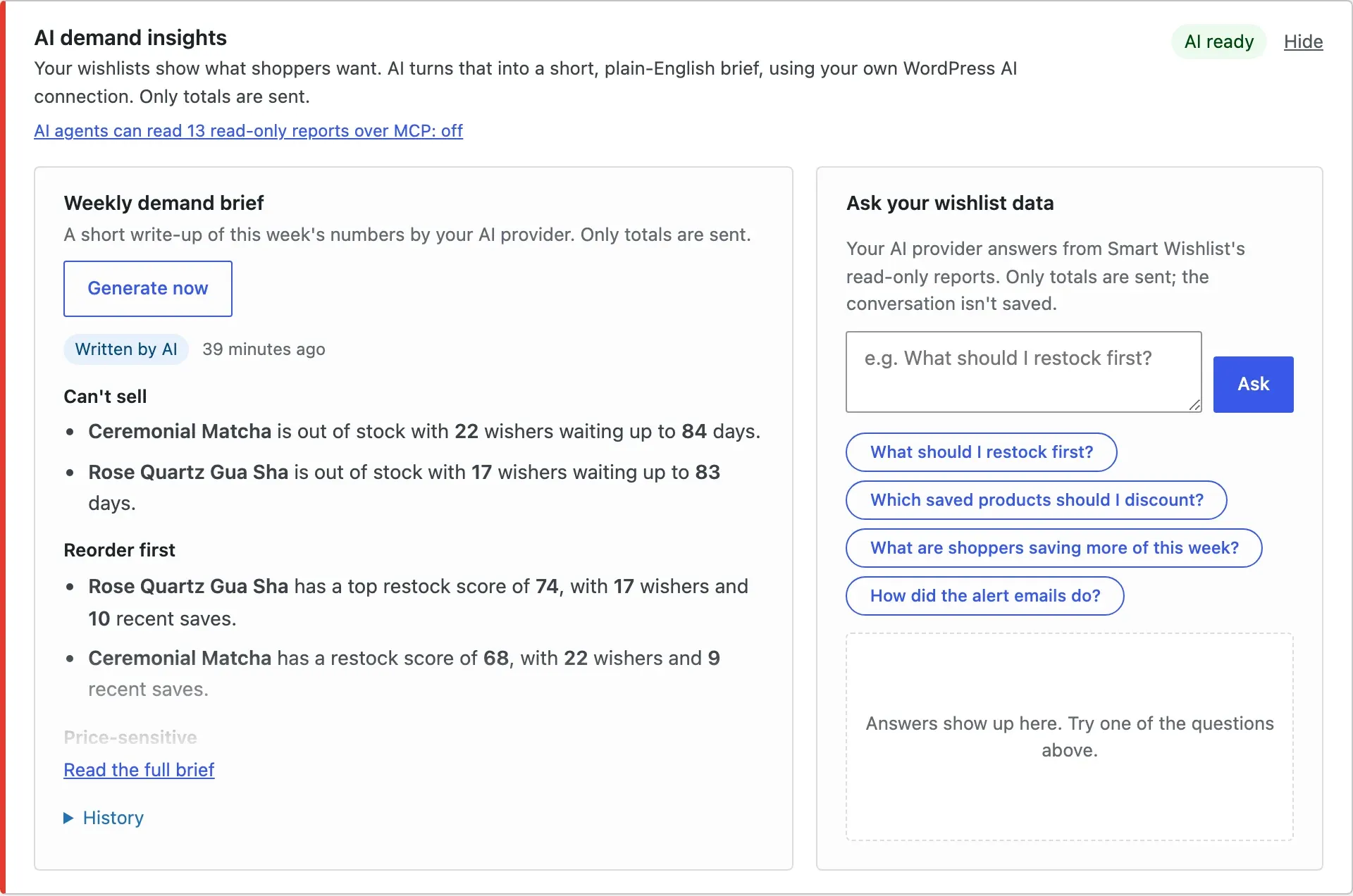 AI demand insights on the Analytics screen: a weekly brief written by AI next to “Ask your wishlist data” with suggested questions