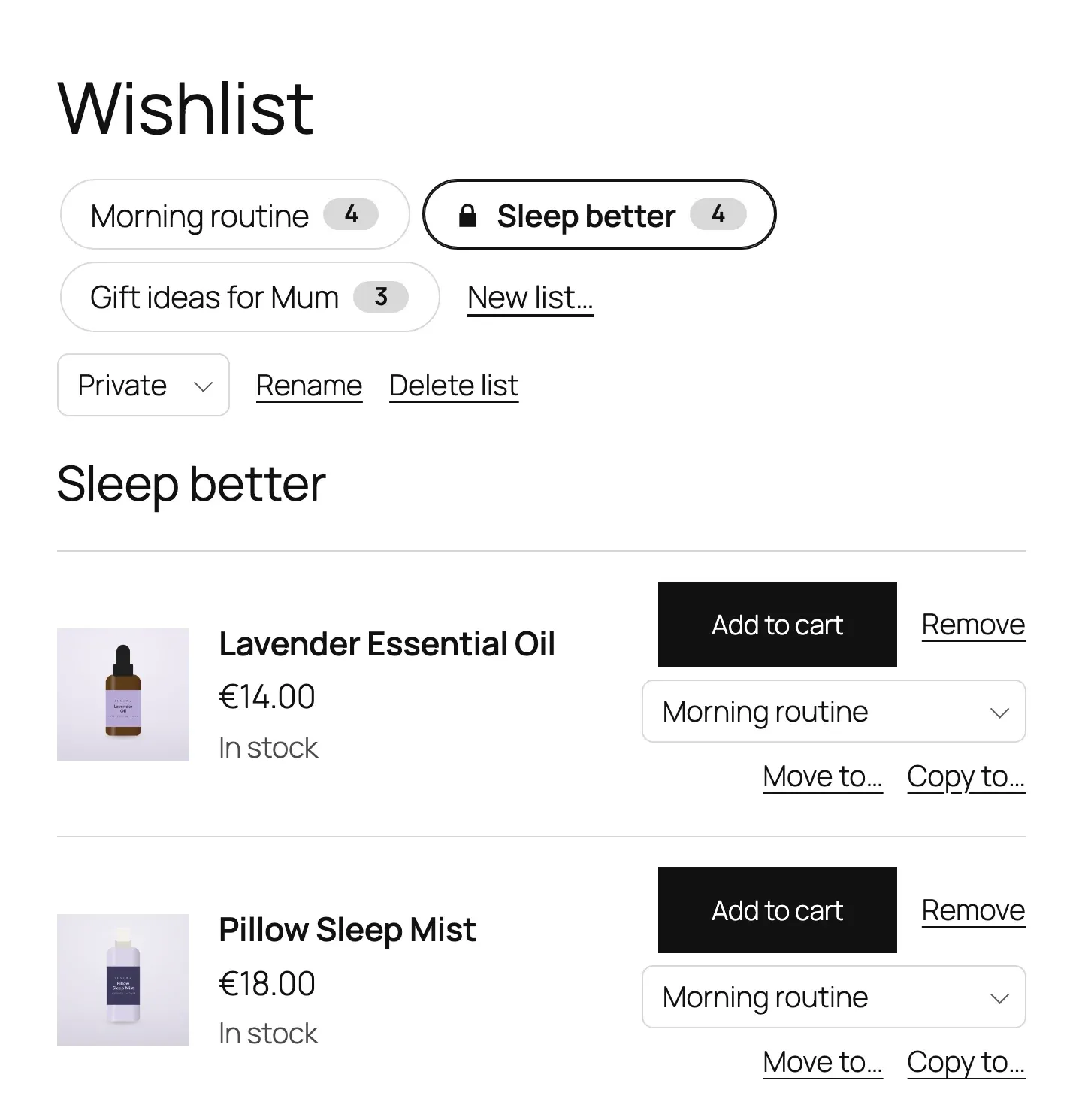 A shopper’s wishlist page with three named lists, one of them private, and buttons to move or copy items between lists